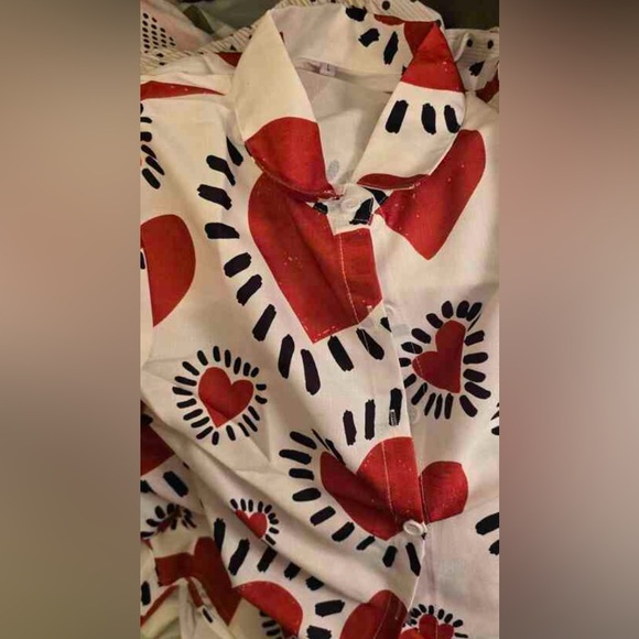 Boho Heart Print Button Down Up Shirt Top Blouse - Picture 4 of 11